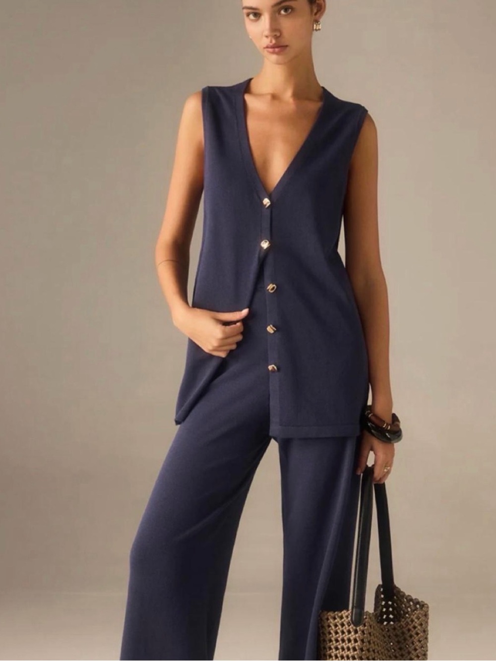 COMMENSE Golden Button Knit Vest Pants Set XL navy wide leg sleeveless high rise - Picture 1 of 16
